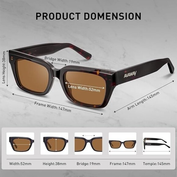 AVAWAY Polarized Rectangle Sunglasses Tortoise Brown UV400 Unisex Acetate NEW - Picture 4 of 5